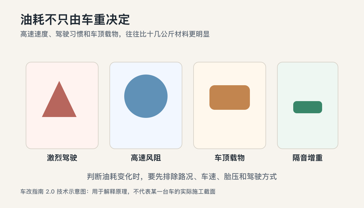 汽车油耗影响因素中驾驶习惯车速车顶载物和隔音增重对比示意图