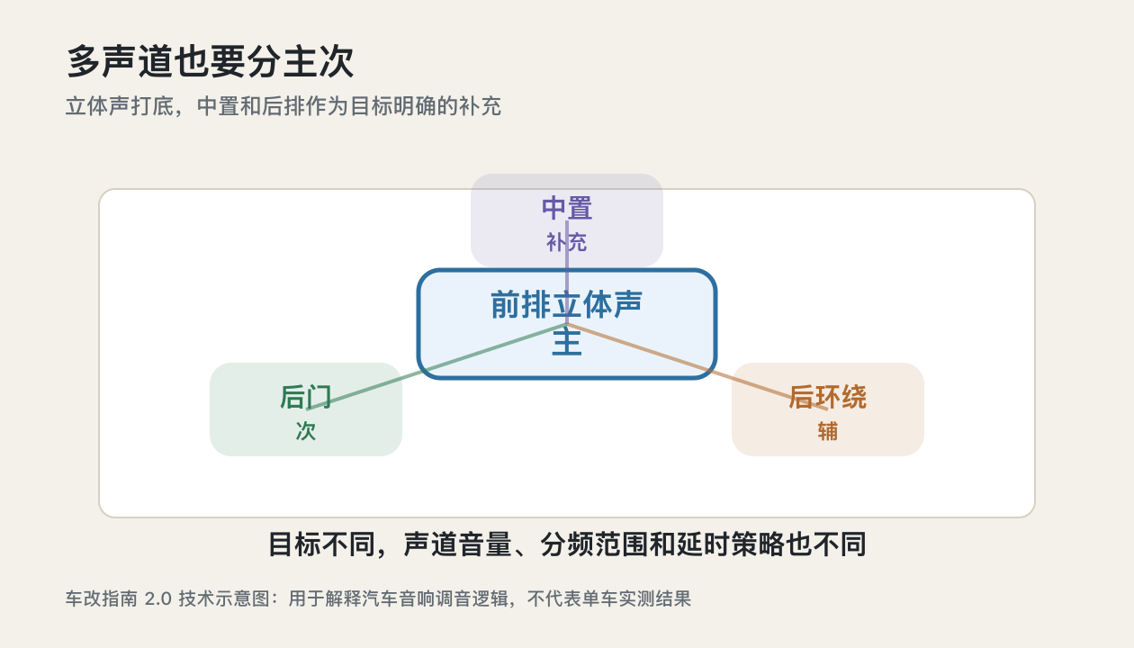 湛江汽车音响调音知识多声道系统主次分明示意图